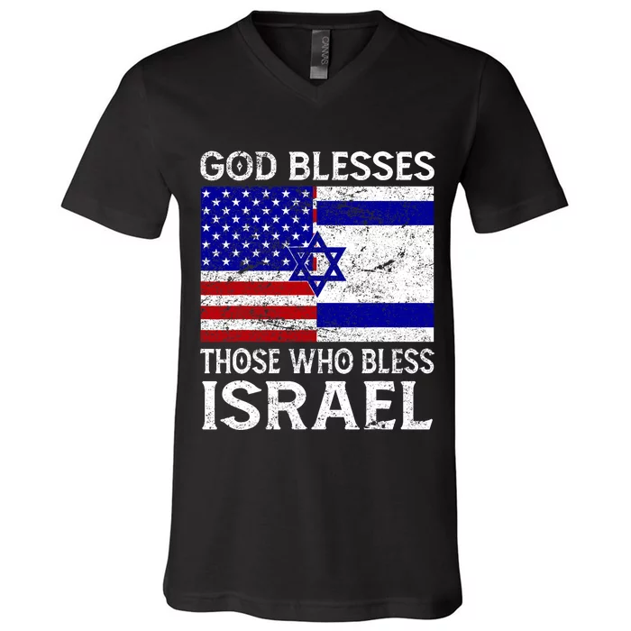 God Blesses Those Who Bless Israel Usa Flag Israeli Flag V-Neck T-Shirt