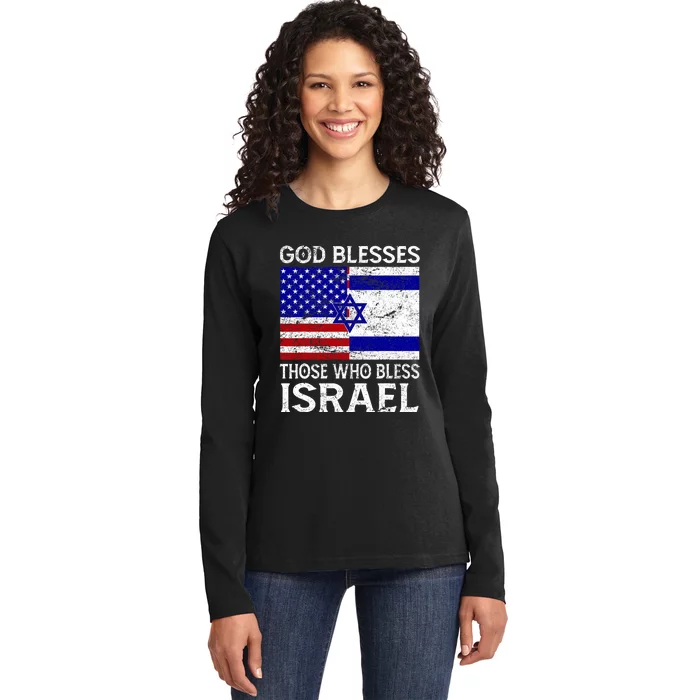 God Blesses Those Who Bless Israel Usa Flag Israeli Flag Ladies Long Sleeve Shirt