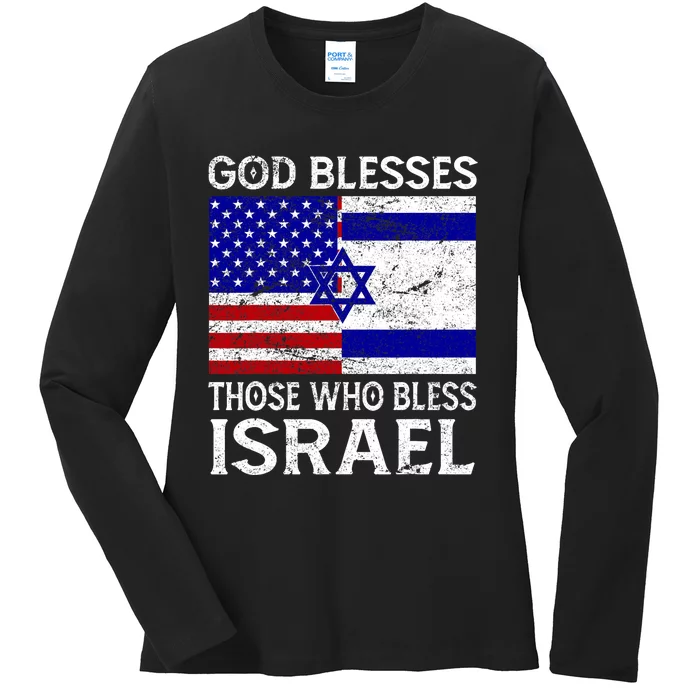 God Blesses Those Who Bless Israel Usa Flag Israeli Flag Ladies Long Sleeve Shirt