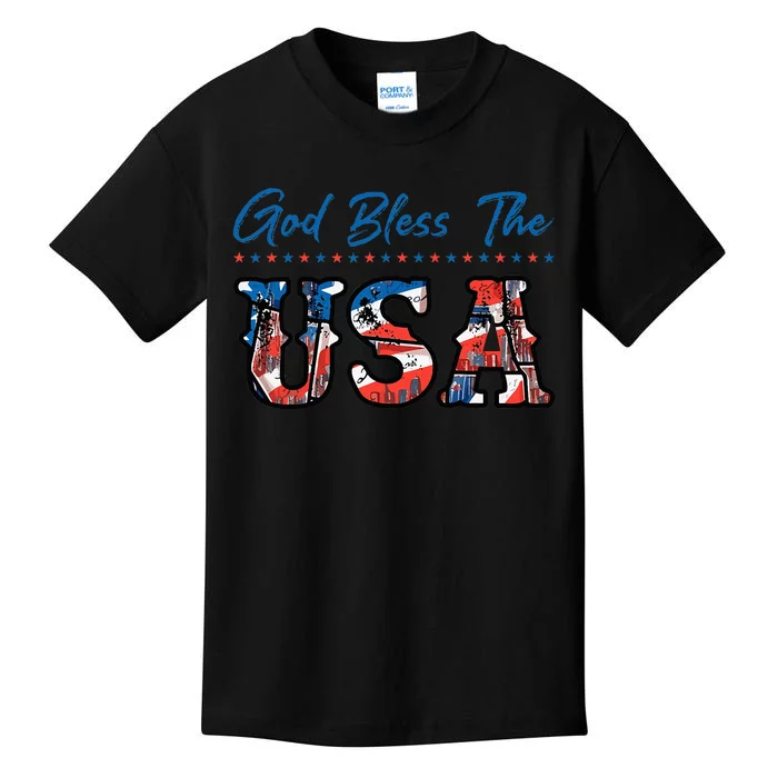 God Bless The USA Red White Blue Flag Patriotic 4th of July Kids T-Shirt