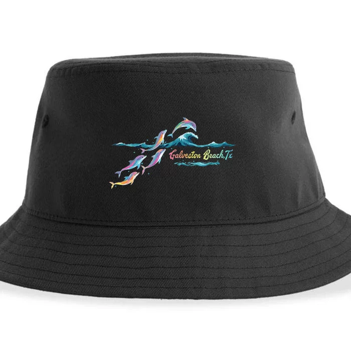 Galveston Beach Texas Colorful Dolphin Lover Beach Vacation Sustainable Bucket Hat