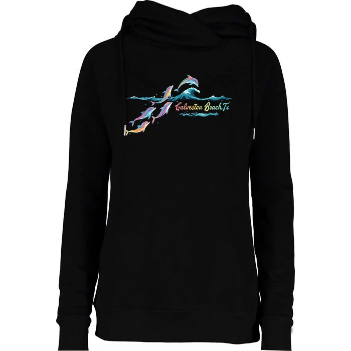 Galveston Beach Texas Colorful Dolphin Lover Beach Vacation Womens Funnel Neck Pullover Hood