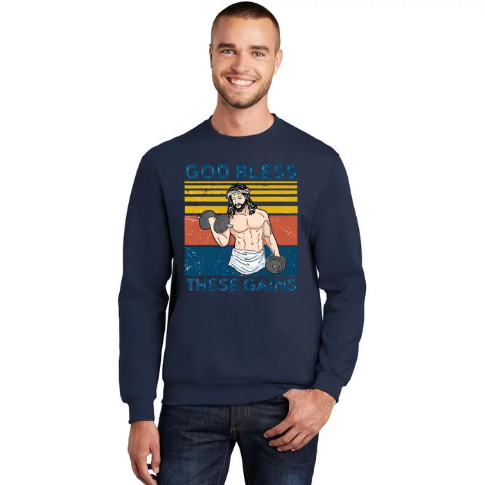 God Bless These Gains Christian Athlete Apparel Gym Funny Easter God Jesus Tall Sweatshirt