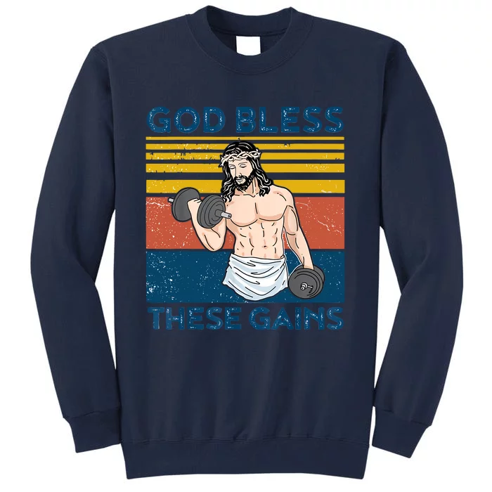 God Bless These Gains Christian Athlete Apparel Gym Funny Easter God Jesus Tall Sweatshirt