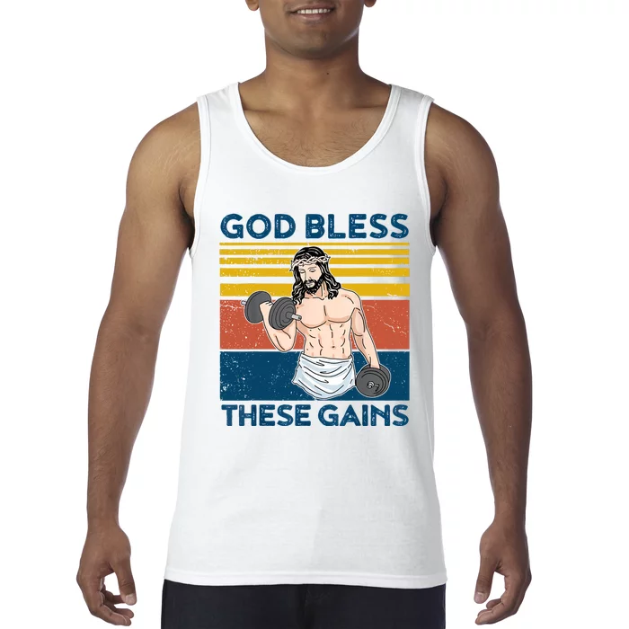 God Bless These Gains Christian Athlete Apparel Gym Funny Easter God Jesus Tank Top