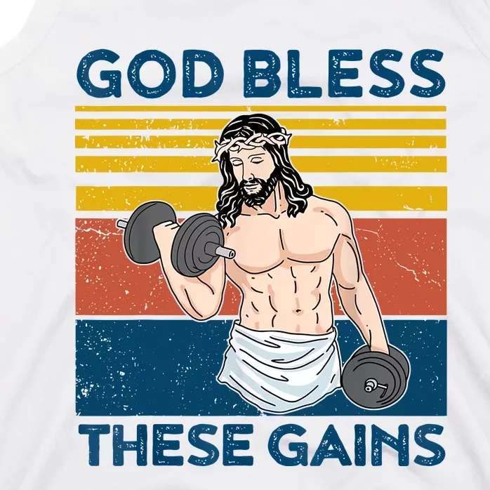 God Bless These Gains Christian Athlete Apparel Gym Funny Easter God Jesus Tank Top