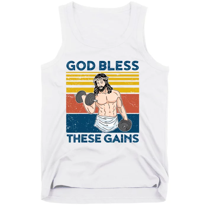 God Bless These Gains Christian Athlete Apparel Gym Funny Easter God Jesus Tank Top