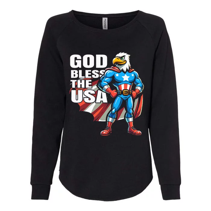 God Bless The Usa American Patriotic Eagle Superhero Womens California Wash Sweatshirt