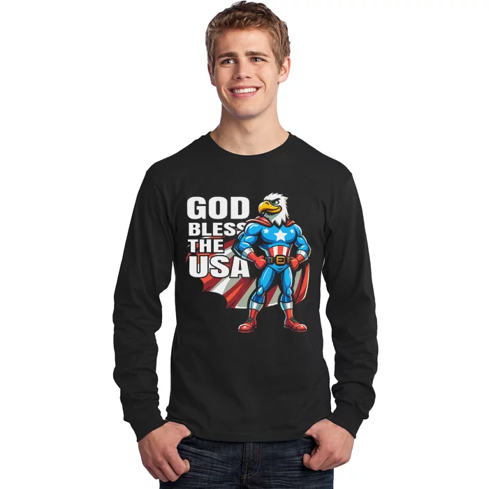 God Bless The Usa American Patriotic Eagle Superhero Design Long Sleeve Shirt