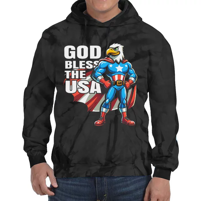 God Bless The Usa American Patriotic Eagle Superhero Design Tie Dye Hoodie