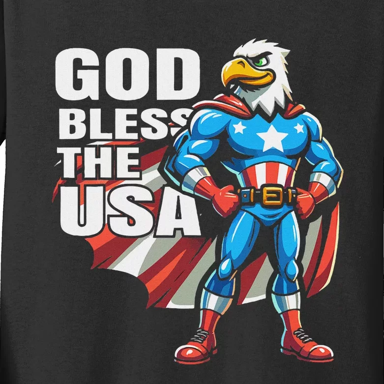 God Bless The Usa American Patriotic Eagle Superhero Design Kids Long Sleeve Shirt