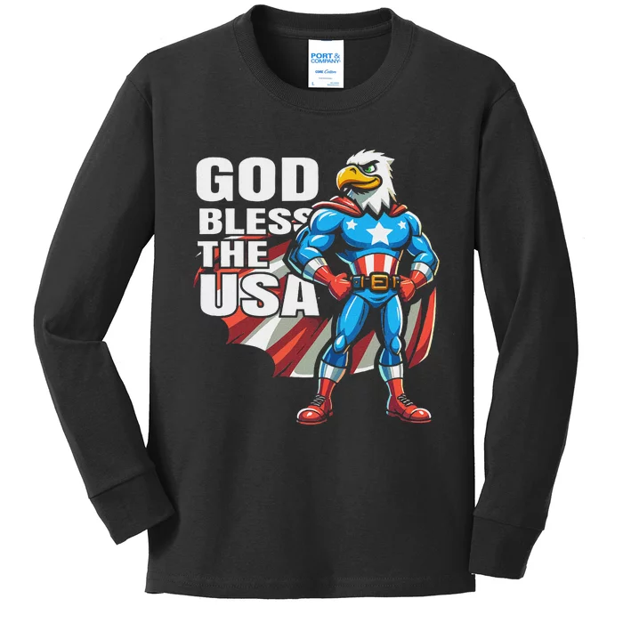 God Bless The Usa American Patriotic Eagle Superhero Design Kids Long Sleeve Shirt