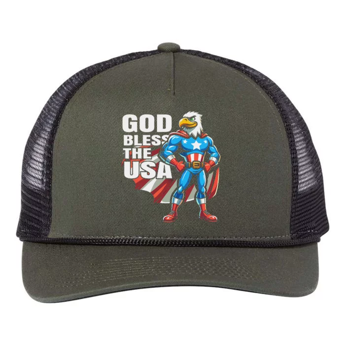 God Bless The Usa American Patriotic Eagle Superhero Design Retro Rope Trucker Hat Cap