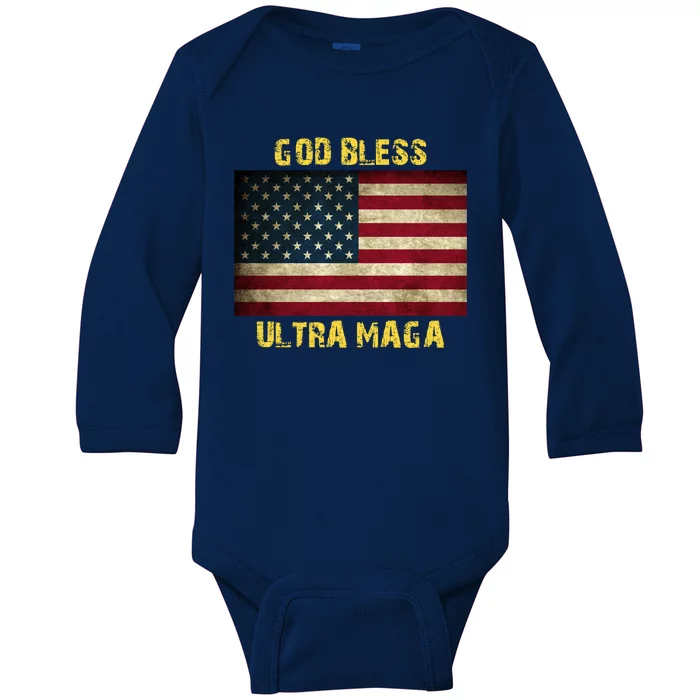 God Bless Ultra Maga United States Flag Baby Long Sleeve Bodysuit