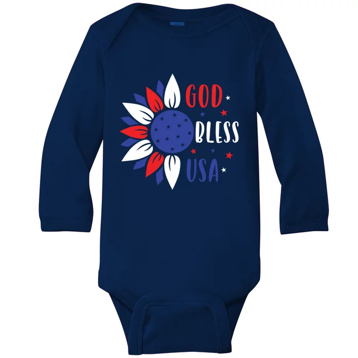 God Bless Usa July 4th Sunflower America Independence Day Gift Baby Long Sleeve Bodysuit