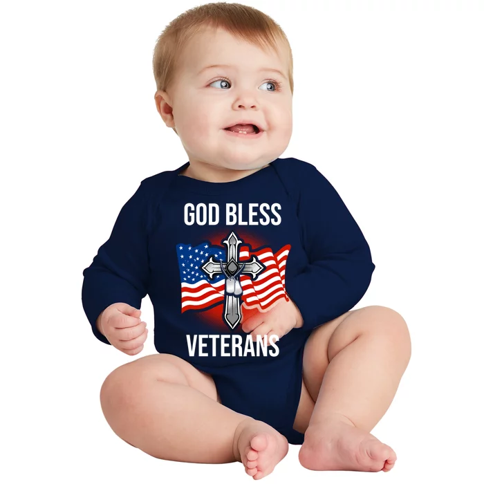 God Bless Veterans American Flag Military Veteran America Cute Gift Baby Long Sleeve Bodysuit