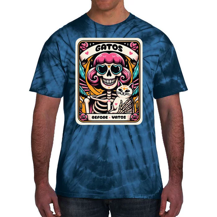 Gatos Before Vatos Skeleton Cat Kitten Lover Grumpy Skull Tie-Dye T-Shirt