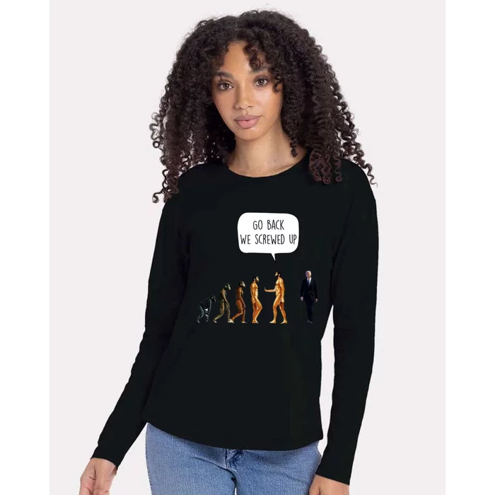 Go Back We Screwed Up Funny Anti Biden Human Evolution Womens Cotton Relaxed Long Sleeve T-Shirt