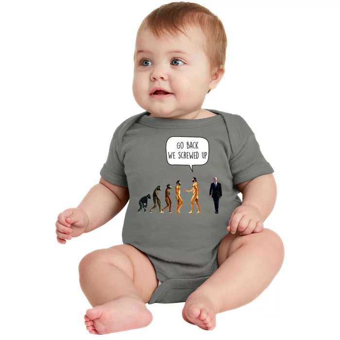 Go Back We Screwed Up Funny Anti Biden Human Evolution Baby Bodysuit