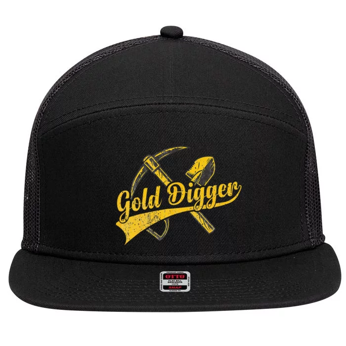 Golden Batch with Crossing Pick and Shovel for Gold Digger 7 Panel Mesh Trucker Snapback Hat