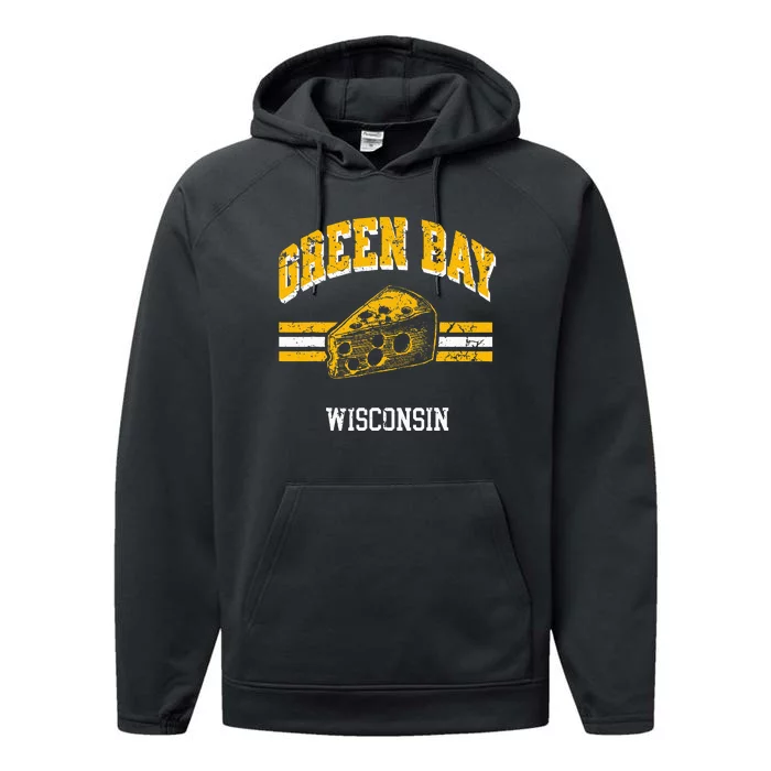 Green Bay Wisconsin Cheesehead Retro Pride Vintage Cheese Performance Fleece Hoodie