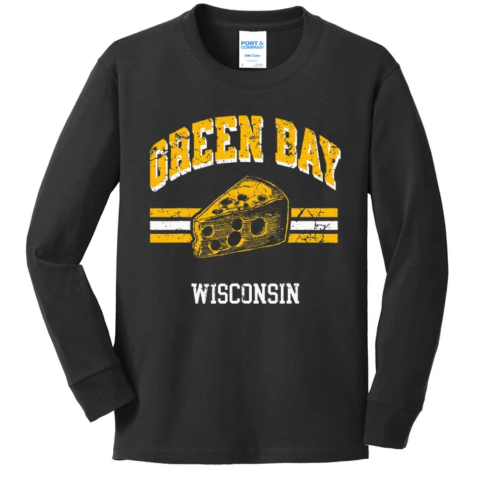 Green Bay Wisconsin Cheesehead Retro Pride Vintage Cheese Kids Long Sleeve Shirt