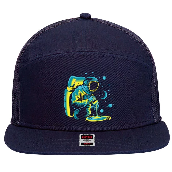 Galaxy Coffee Astronaut Pouring Coffee 7 Panel Mesh Trucker Snapback Hat