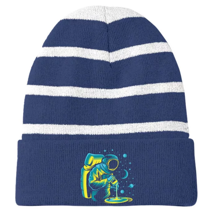 Galaxy Coffee Astronaut Pouring Coffee Striped Beanie with Solid Band