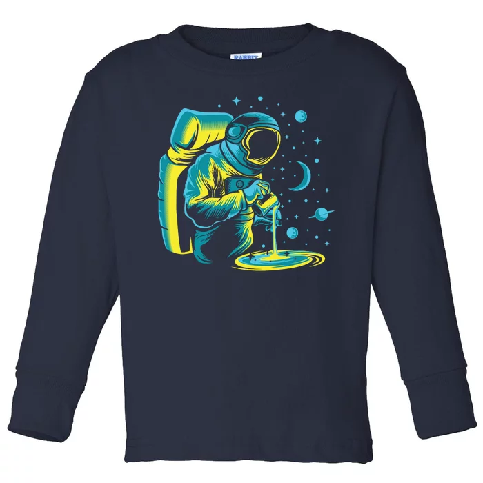 Galaxy Coffee Astronaut Pouring Coffee Toddler Long Sleeve Shirt