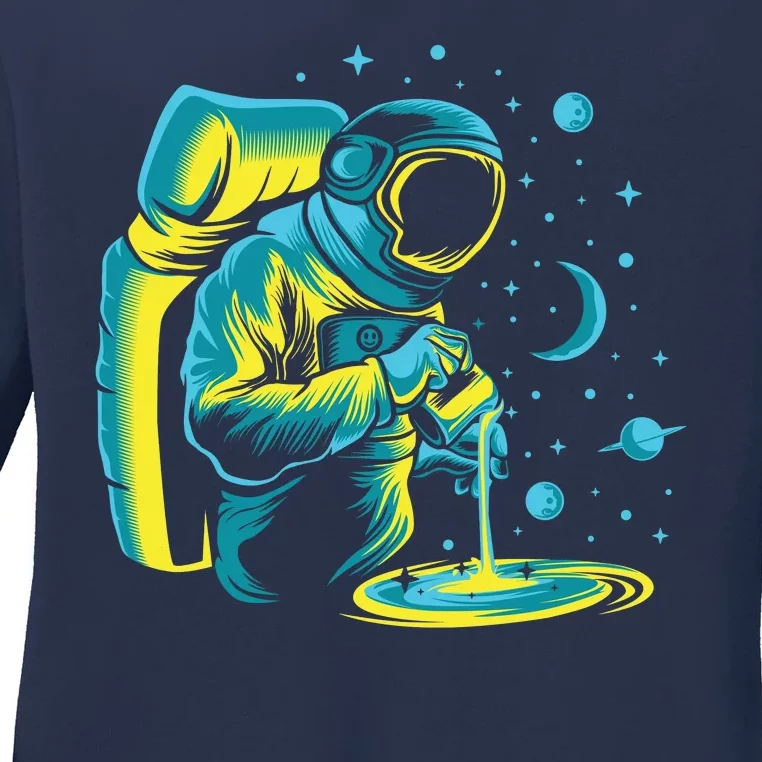 Galaxy Coffee Astronaut Pouring Coffee Ladies Long Sleeve Shirt