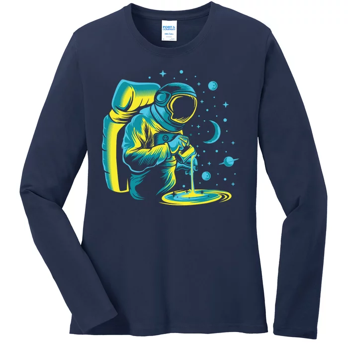 Galaxy Coffee Astronaut Pouring Coffee Ladies Long Sleeve Shirt