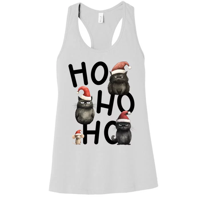 Grumpy Christmas Black Cats In Santa Hats With Mouse Funny Gift Women's Racerback Tank