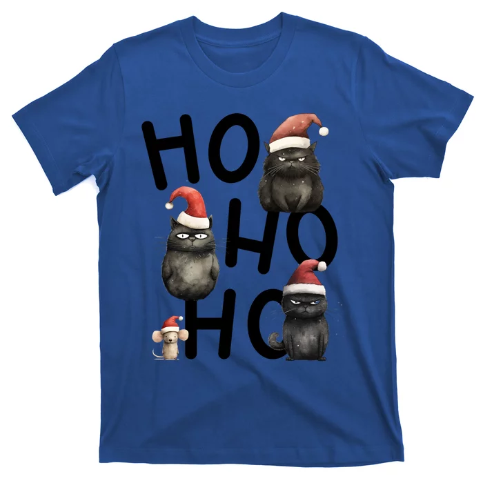 Grumpy Christmas Black Cats In Santa Hats With Mouse Cool Gift T-Shirt