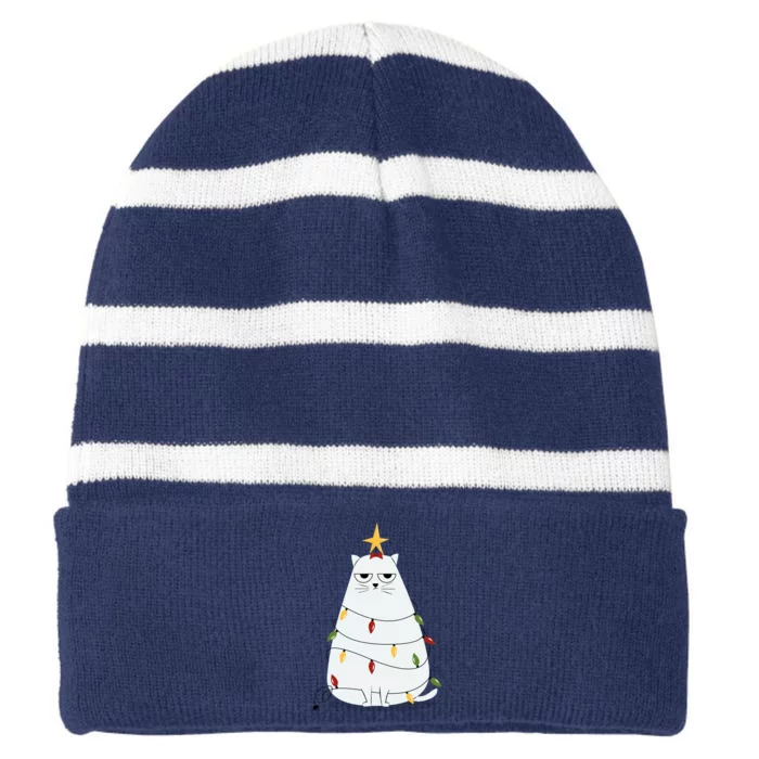 Grumpy Christmas Cat Striped Beanie with Solid Band