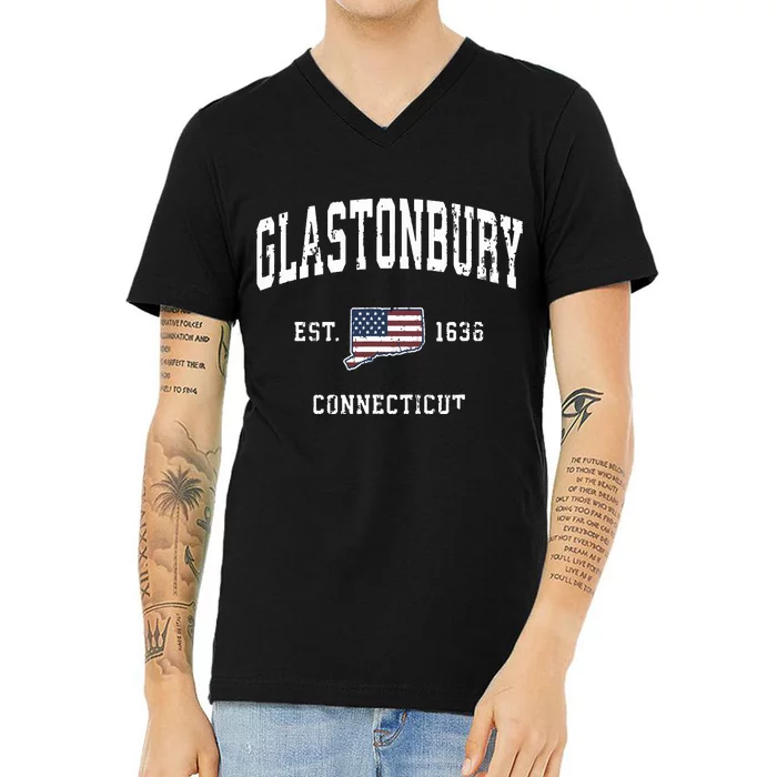 Glastonbury Connecticut Ct Vintage American Flag Design V-Neck T-Shirt