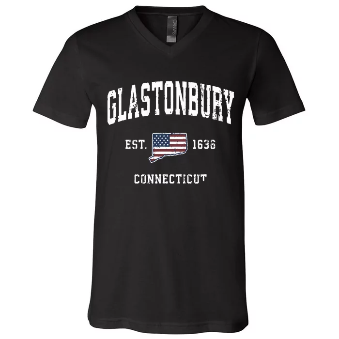 Glastonbury Connecticut Ct Vintage American Flag Design V-Neck T-Shirt