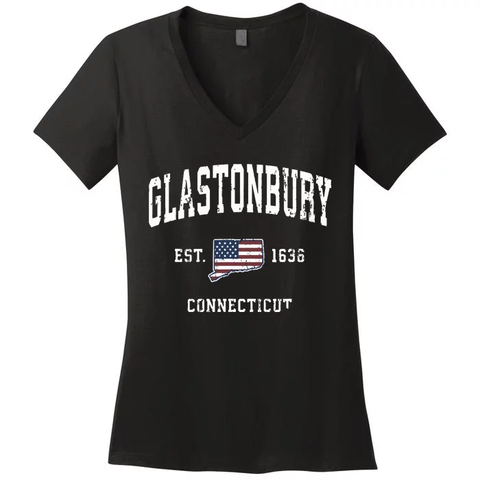 Glastonbury Connecticut Ct Vintage American Flag Design Women's V-Neck T-Shirt