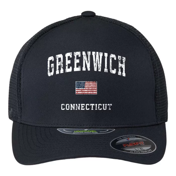 Greenwich Connecticut Ct Vintage American Flag Sports Design Flexfit Unipanel Trucker Cap