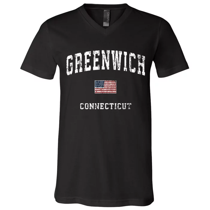 Greenwich Connecticut Ct Vintage American Flag Sports Design V-Neck T-Shirt