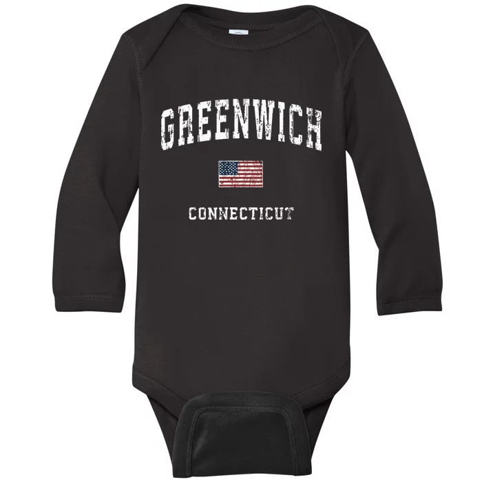 Greenwich Connecticut Ct Vintage American Flag Sports Design Baby Long Sleeve Bodysuit