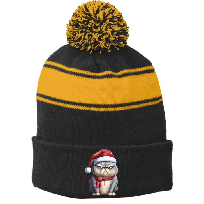 Grumpy Christmas Cat Santa Hat Stripe Pom Pom Beanie