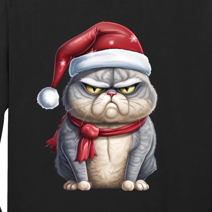 Grumpy Christmas Cat Santa Hat Long Sleeve Shirt