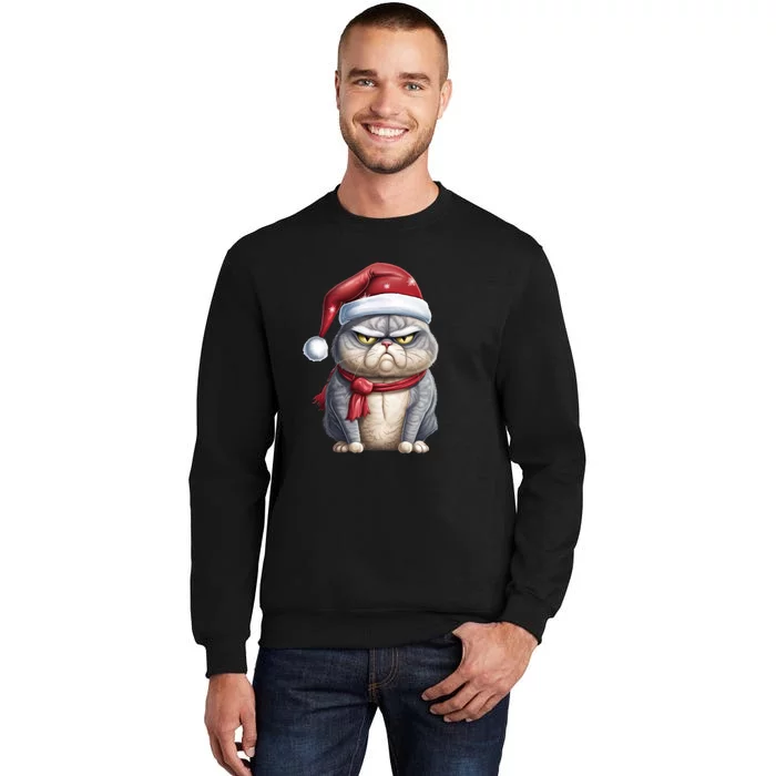 Grumpy Christmas Cat Santa Hat Tall Sweatshirt