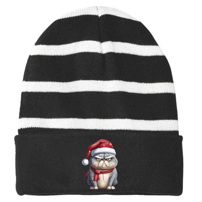 Grumpy Christmas Cat Santa Hat Striped Beanie with Solid Band