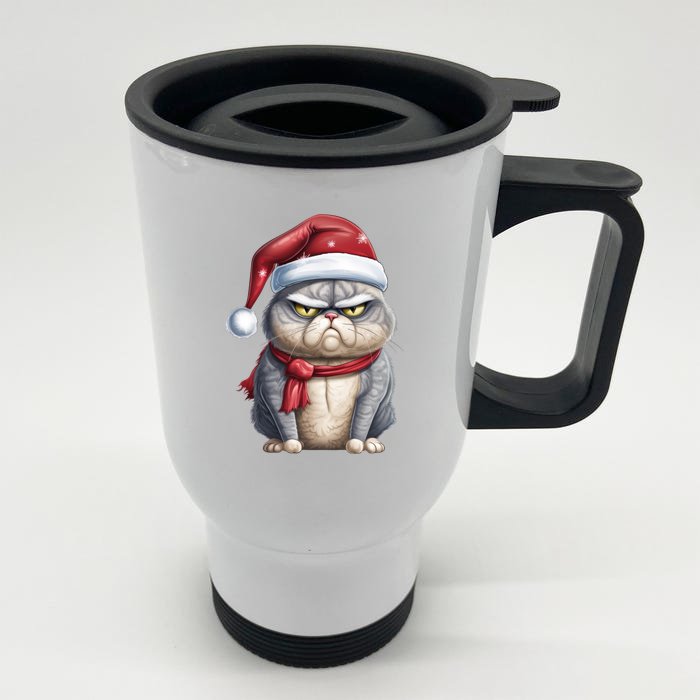 Grumpy Christmas Cat Santa Hat Front & Back Stainless Steel Travel Mug