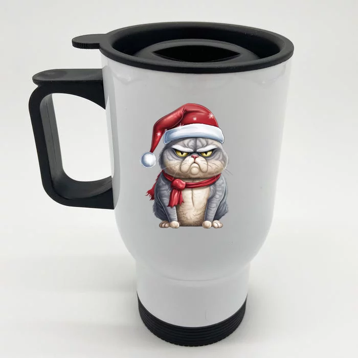 Grumpy Christmas Cat Santa Hat Front & Back Stainless Steel Travel Mug