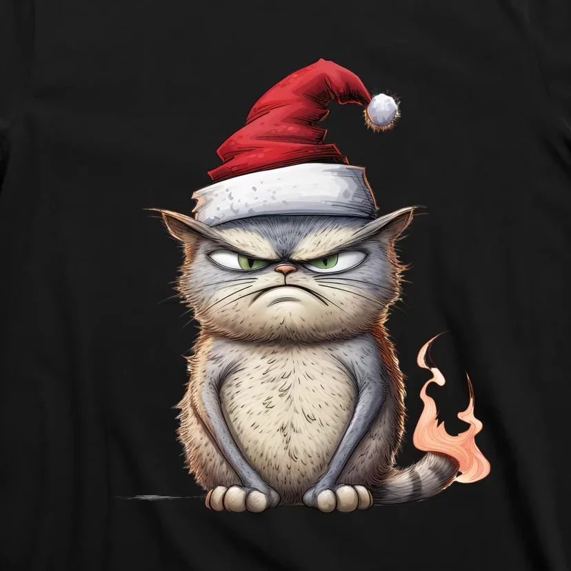 Grumpy Christmas Cat Santa Hat T-Shirt