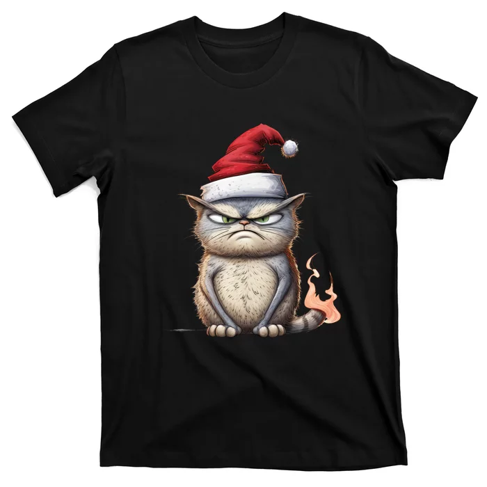 Grumpy Christmas Cat Santa Hat T-Shirt