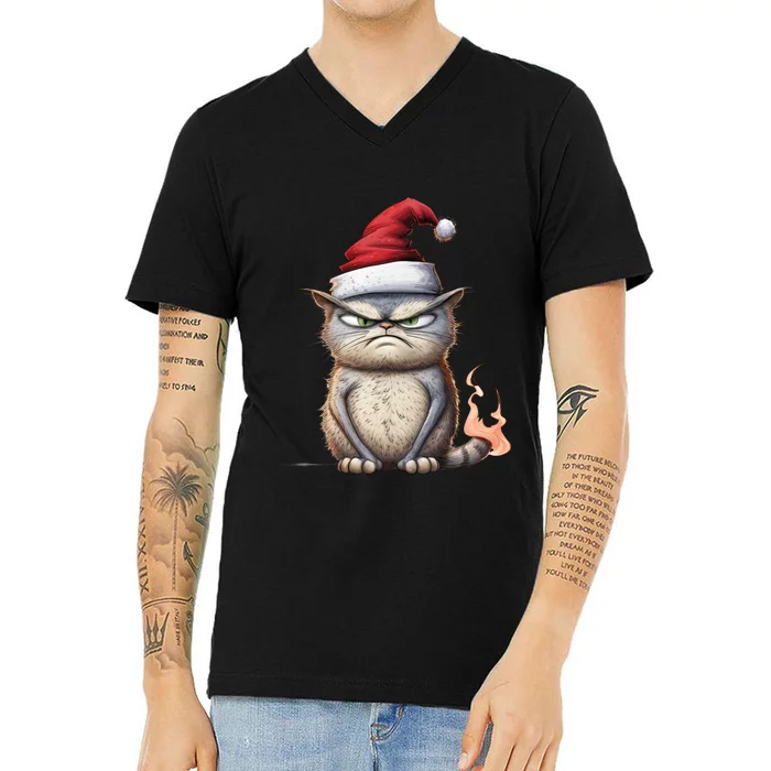 Grumpy Christmas Cat Santa Hat V-Neck T-Shirt