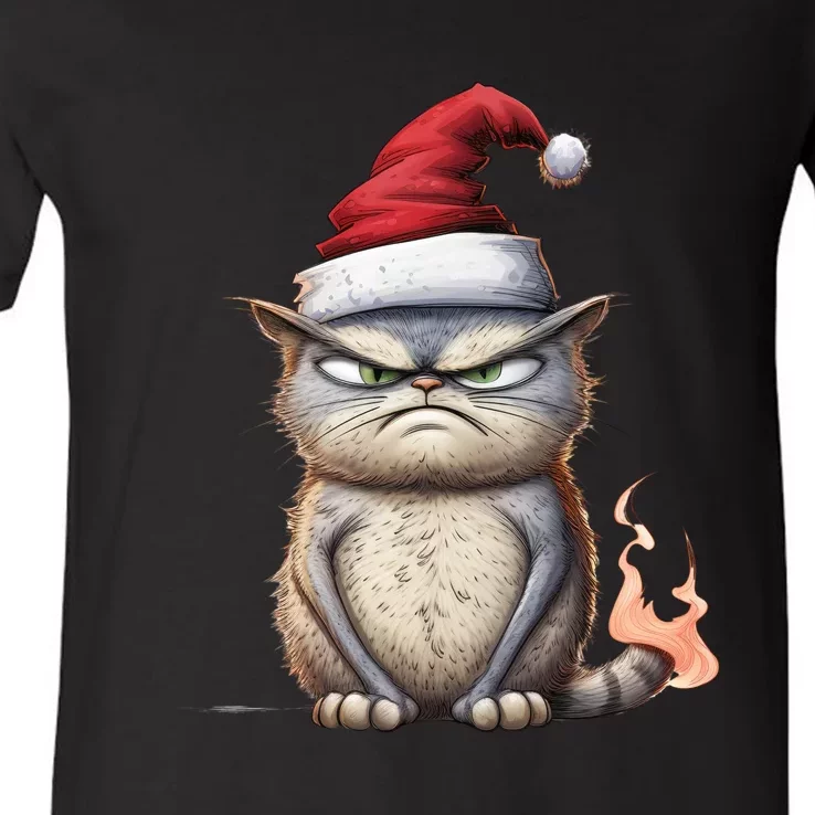 Grumpy Christmas Cat Santa Hat V-Neck T-Shirt